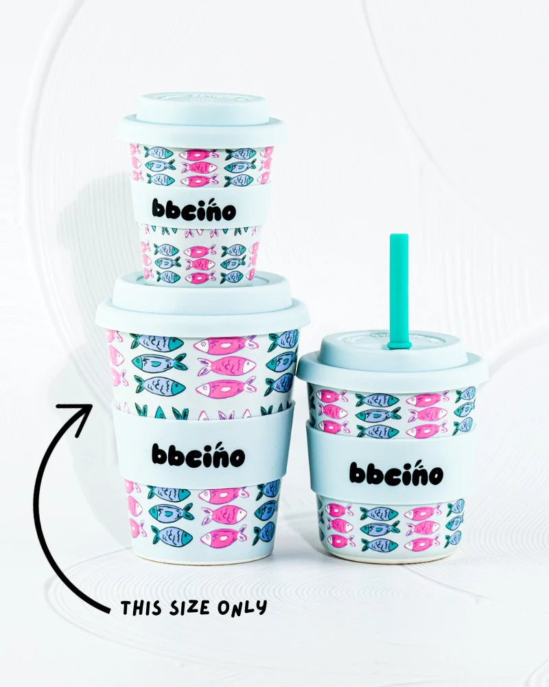 Stacked BBCino BiggieCino cups showing size comparison and colourful fish pattern