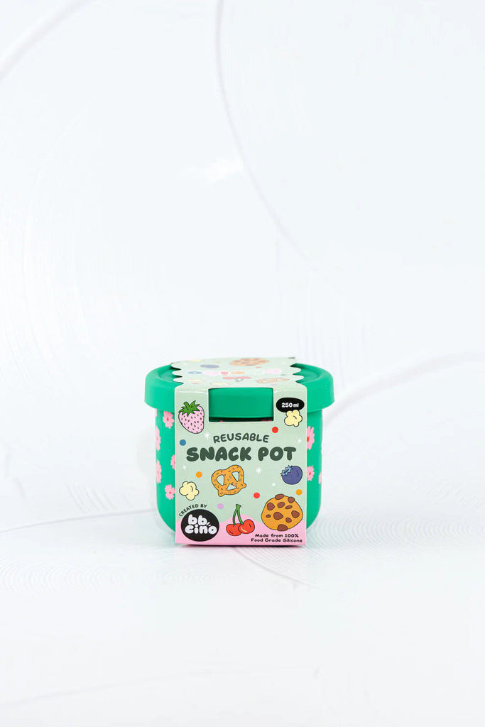 BBCino reusable silicone snack pot 250ml in Ditsy floral design, eco-friendly snack container packaged in recyclable materials.