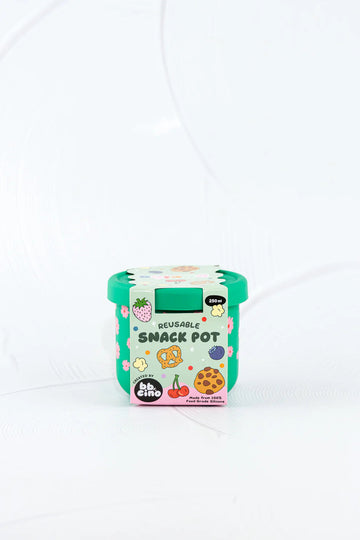 BBCino reusable silicone snack pot 250ml in Ditsy floral design, eco-friendly snack container packaged in recyclable materials.