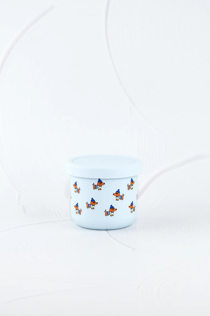 BBCino silicone snack pot 250ml in Dagwood design featuring dachshund dogs with hats, flexible and dishwasher safe reusable container.