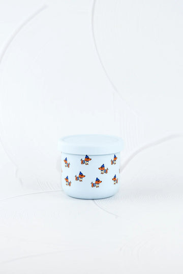 BBCino silicone snack pot 250ml in Dagwood design featuring dachshund dogs with hats, flexible and dishwasher safe reusable container.