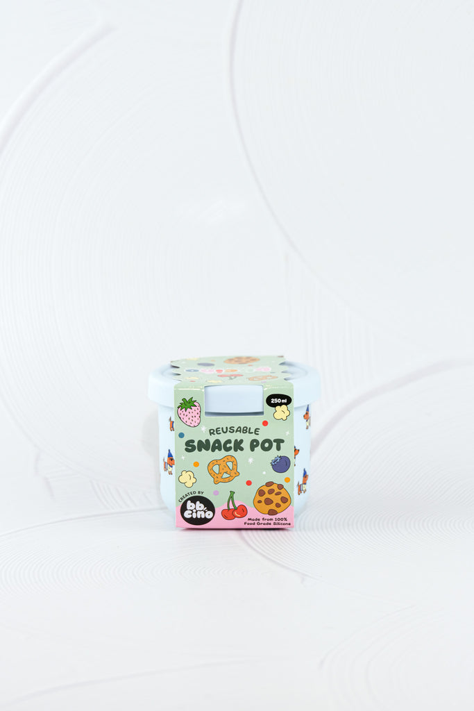 BBCino silicone snack pot 250ml in Dagwood design featuring dachshund dogs with hats, flexible and dishwasher safe reusable container in retail packaging