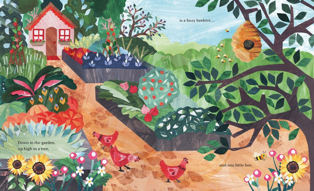Inside spread from the book featuring a richly illustrated garden with a winding dirt path, leafy trees, a red cottage, and birds surrounded by colourful flowers and bee hives.