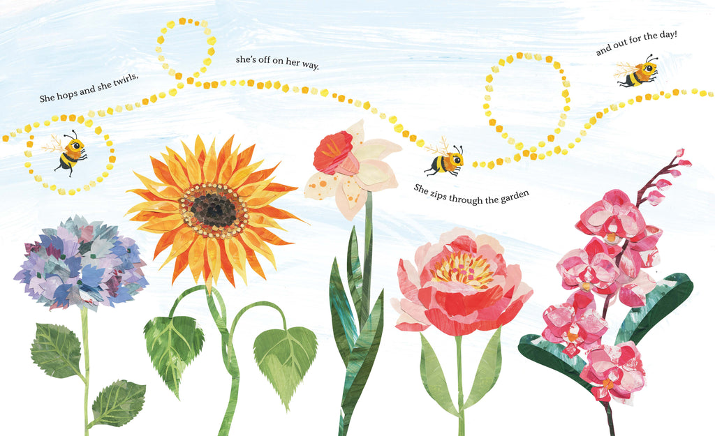Illustrated page showing various flowers with bees flying above them, highlighting pollination with dotted flight paths connecting the blossoms.