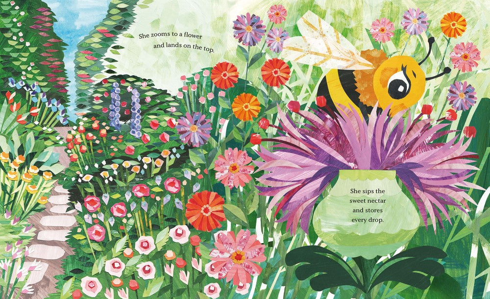 Detailed scene of a vibrant pollinator garden with a close-up of a cheerful bee nestled into the petals of a large purple flower, surrounded by more blooms and greenery.