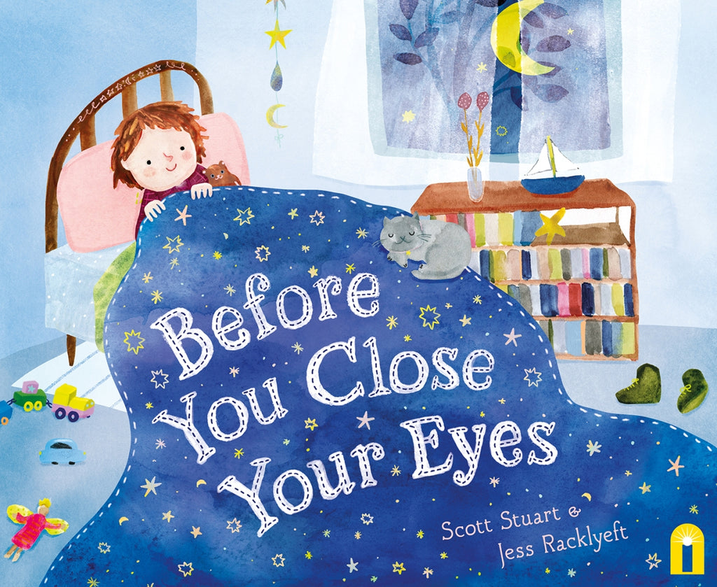 Book cover of 'Before You Close Your Eyes' with a child in bed and cat, featuring starry text.