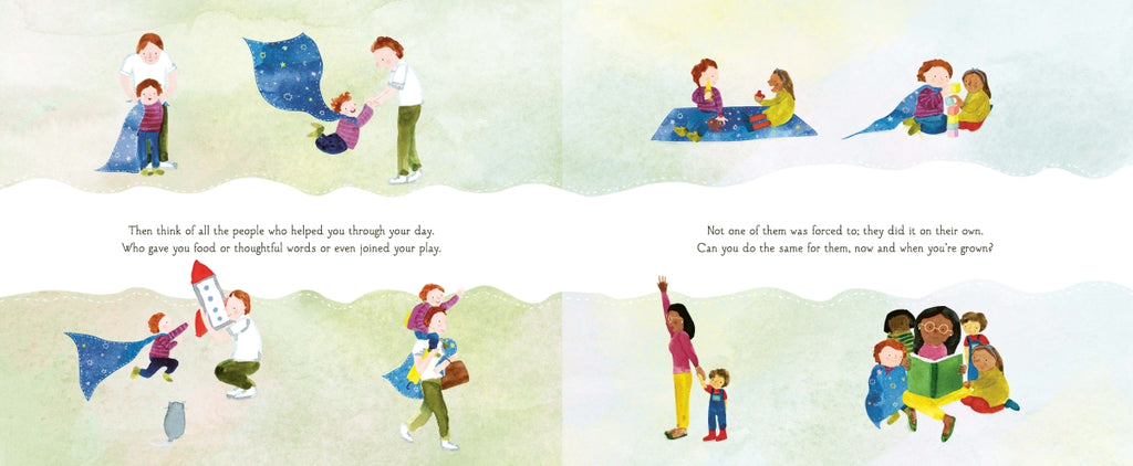 Illustrated book page with children playing and a cloud with a rainbow.