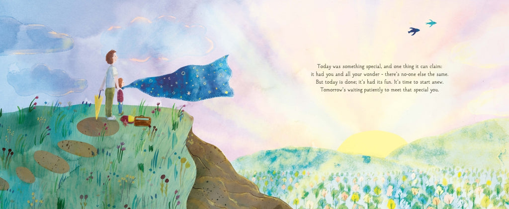 Illustration of a child standing on a cliff with a flag, surrounded by nature.