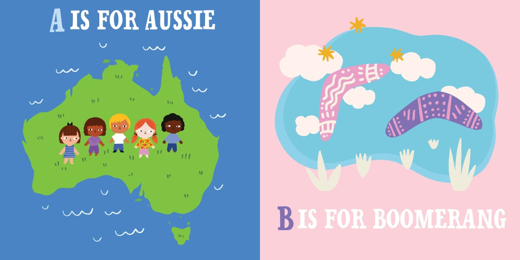 Children's book cover with 'A is for Aussie' on a blue background and 'B is for Boomerang' on a pink background.