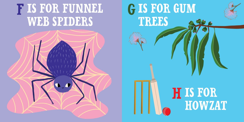 Illustrations of a funnel web spider, gum trees, and a cricket bat with text on a blue background.
