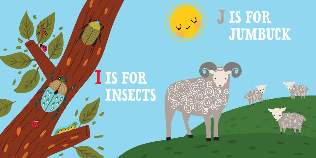 Illustration with a tree, insects, sheep, and text 'J is for Jumbuck' on a blue background.