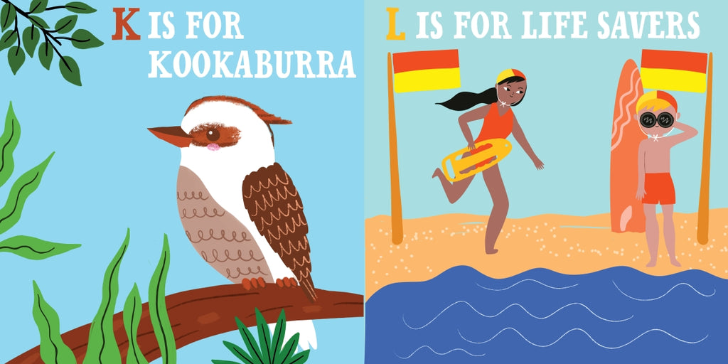 Illustrated book cover with a kookaburra and beach scene, featuring text 'K is for Kookaburra' and 'L is for Life Savers'.