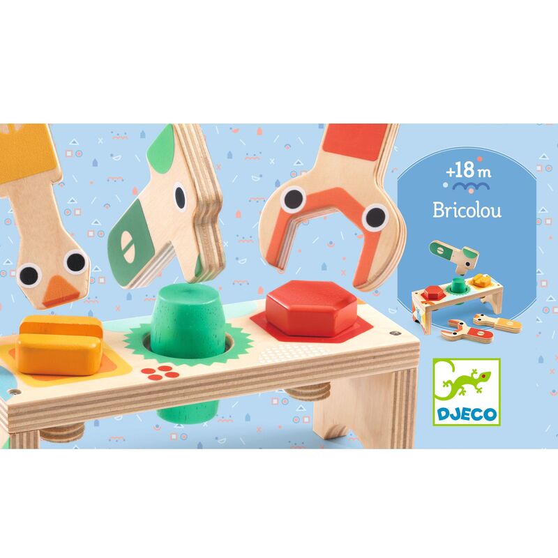 Djeco Bricolou packaging showing the wooden tool bench and animal tools in action, ideal for promoting early motor skills and imaginative play in children aged 18 months+.