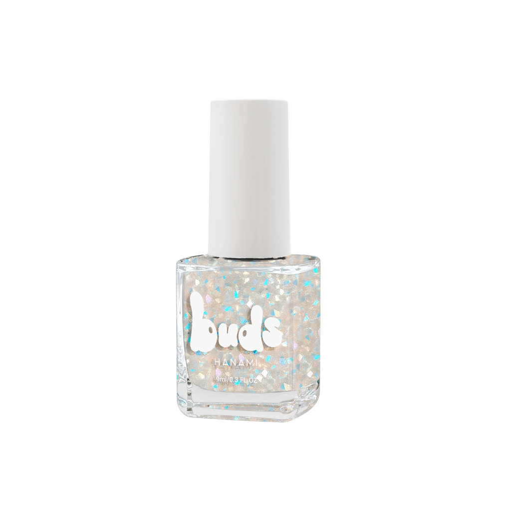 A product photo of a Buds Hanami nail polish bottle filled with iridescent glitter flakes, shown on a clean white background.