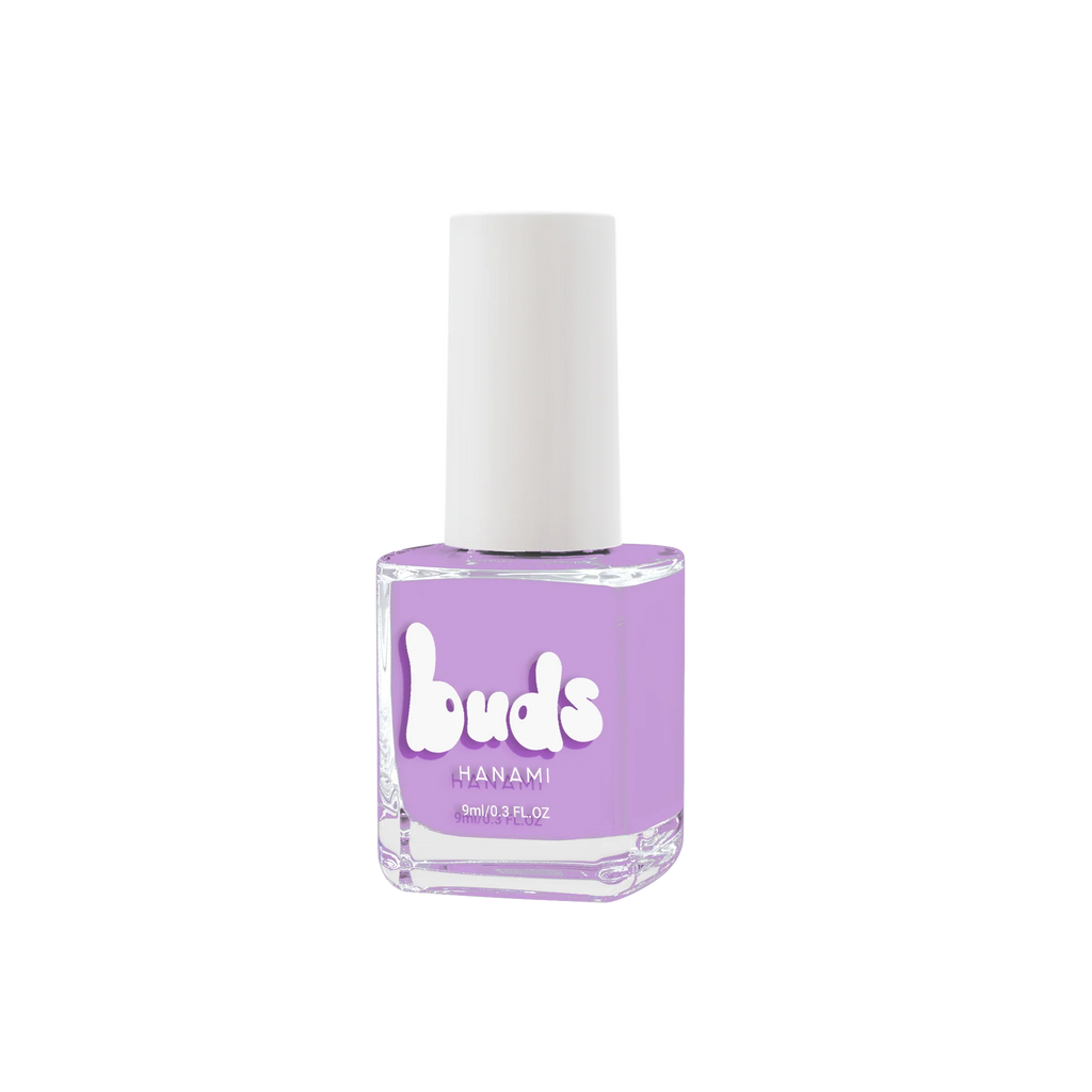 A bottle of Buds Hanami kids’ nail polish in a solid lavender-purple shade, displayed against a clean white background.