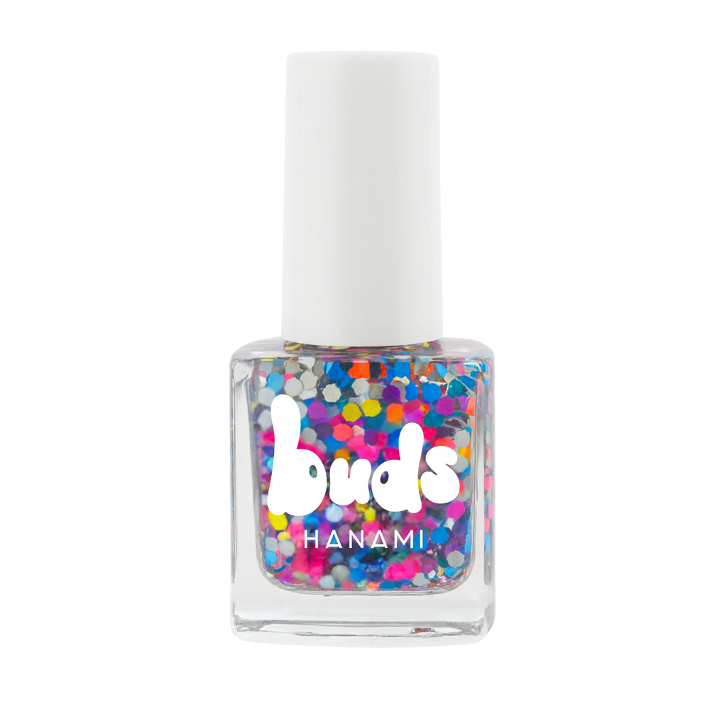 A bottle of Buds Hanami nail polish filled with colorful confetti-style glitter pieces, shown against a clean white background.