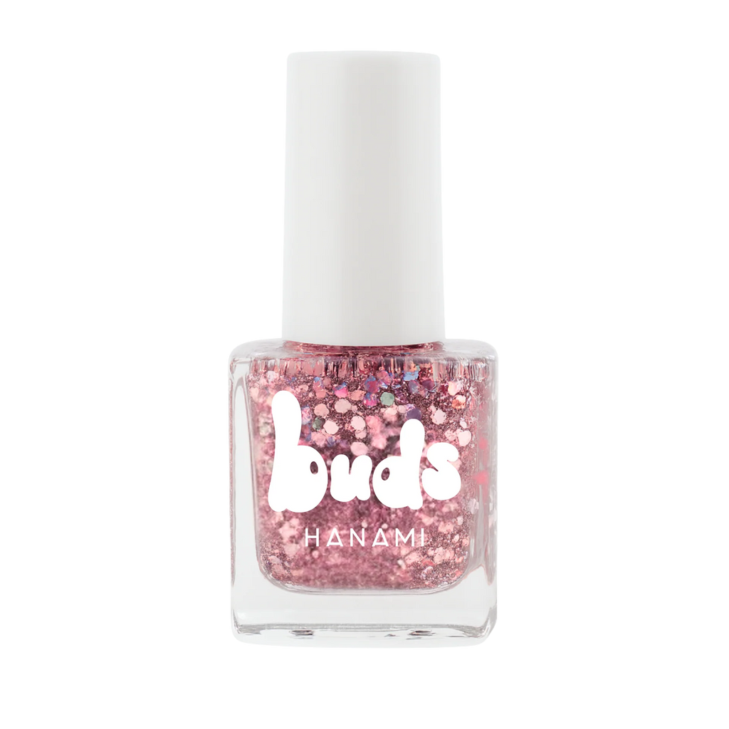 A bottle of Buds Hanami nail polish filled with chunky pink glitter, shown against a clean white background.