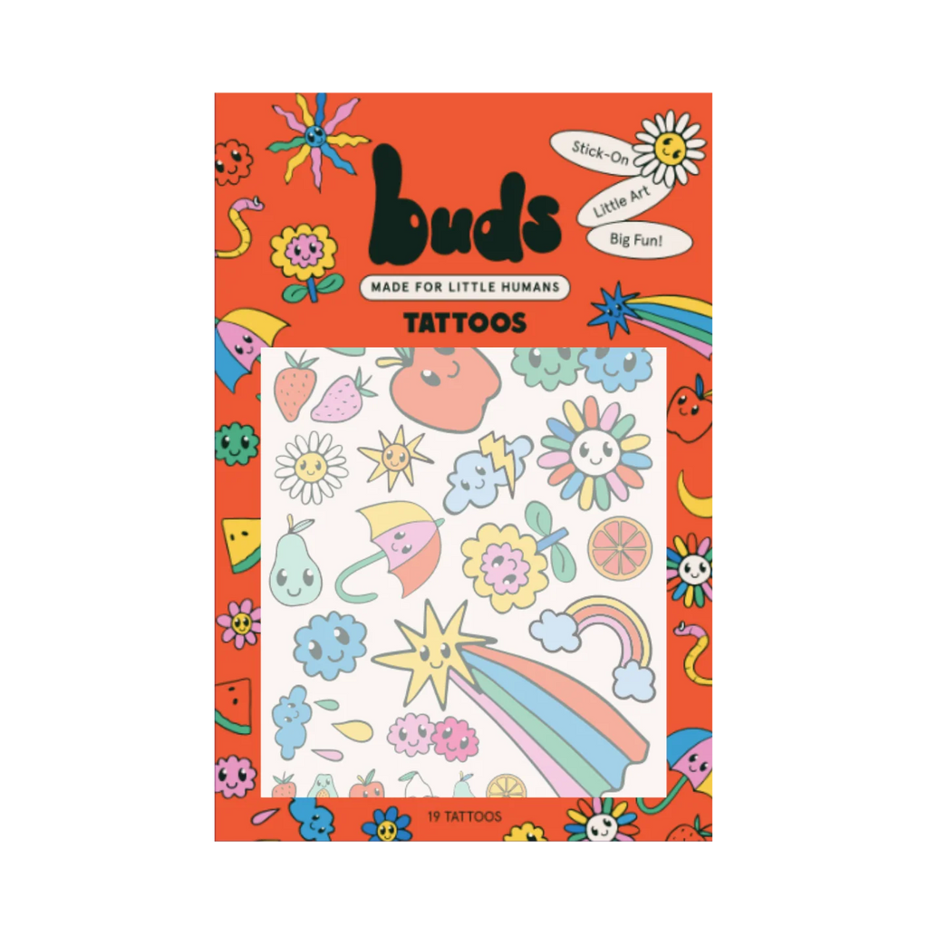 Buds Temporary Tattoos pack for kids with cheerful fruit, flower, and rainbow characters on an orange background.