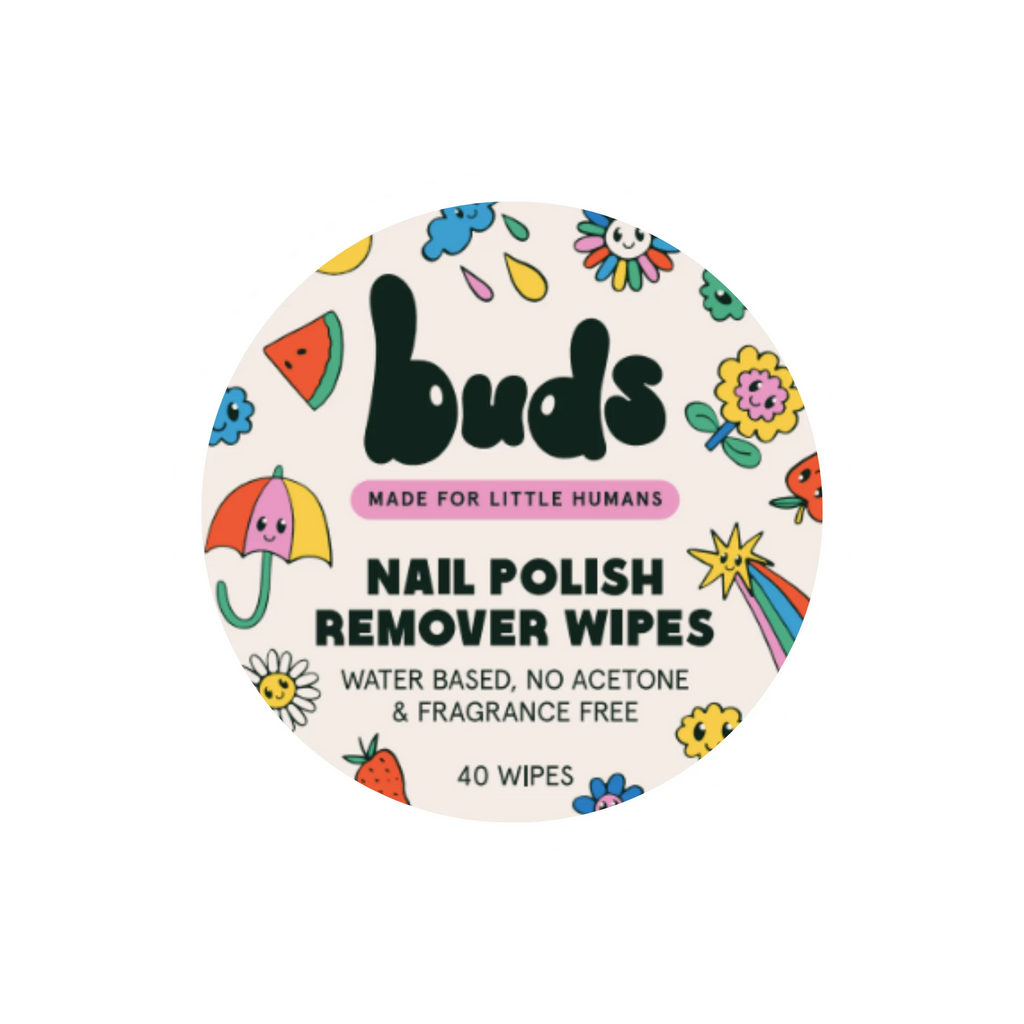 A round container of Buds nail polish remover wipes with colorful, kid-friendly illustrations and text stating water-based, acetone-free, fragrance-free, 40 wipes.