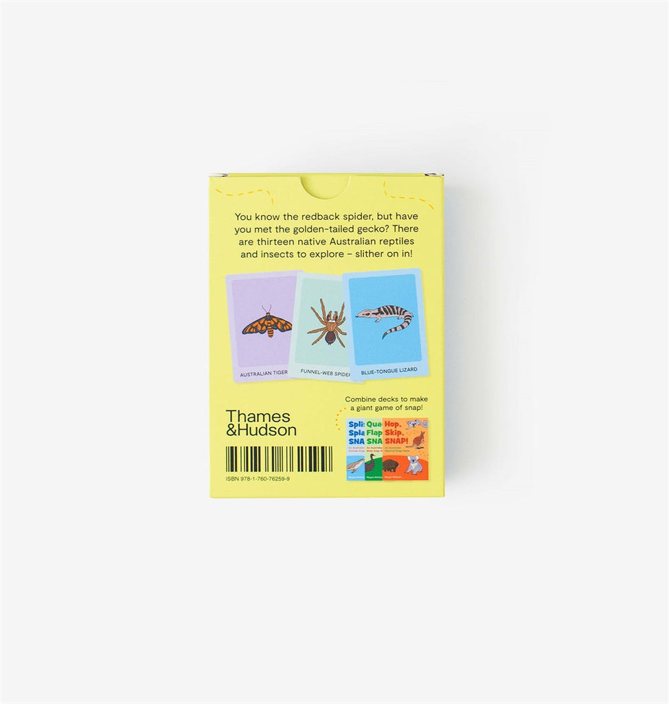 Buzz, Hiss, SNAP! card game by Megan McKean featuring 13 native Australian insects and reptiles, including the golden-tailed gecko, blue-tongue lizard, and tiger snake. Designed for little hands with vibrant, durable cards. Fun for kids with an educational twist!