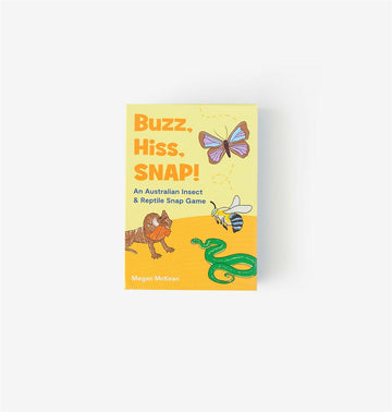 Buzz, Hiss, SNAP! card game by Megan McKean featuring 13 native Australian insects and reptiles, including the golden-tailed gecko, blue-tongue lizard, and tiger snake. Designed for little hands with vibrant, durable cards. Fun for kids with an educational twist!