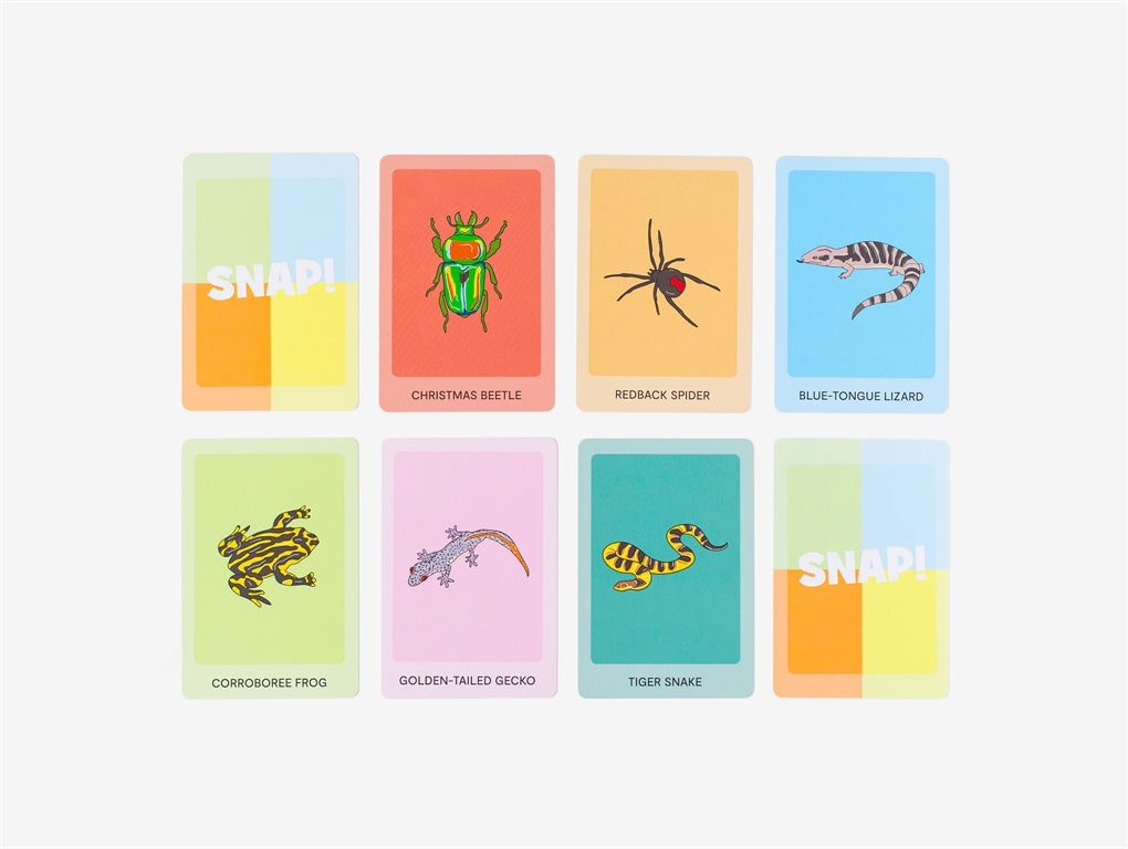 Buzz, Hiss, SNAP! card game by Megan McKean featuring 13 native Australian insects and reptiles, including the golden-tailed gecko, blue-tongue lizard, and tiger snake. Designed for little hands with vibrant, durable cards. Fun for kids with an educational twist!