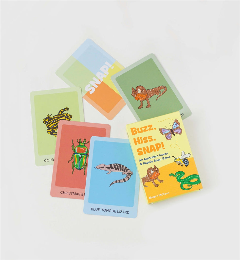 Buzz, Hiss, SNAP! card game by Megan McKean featuring 13 native Australian insects and reptiles, including the golden-tailed gecko, blue-tongue lizard, and tiger snake. Designed for little hands with vibrant, durable cards. Fun for kids with an educational twist!