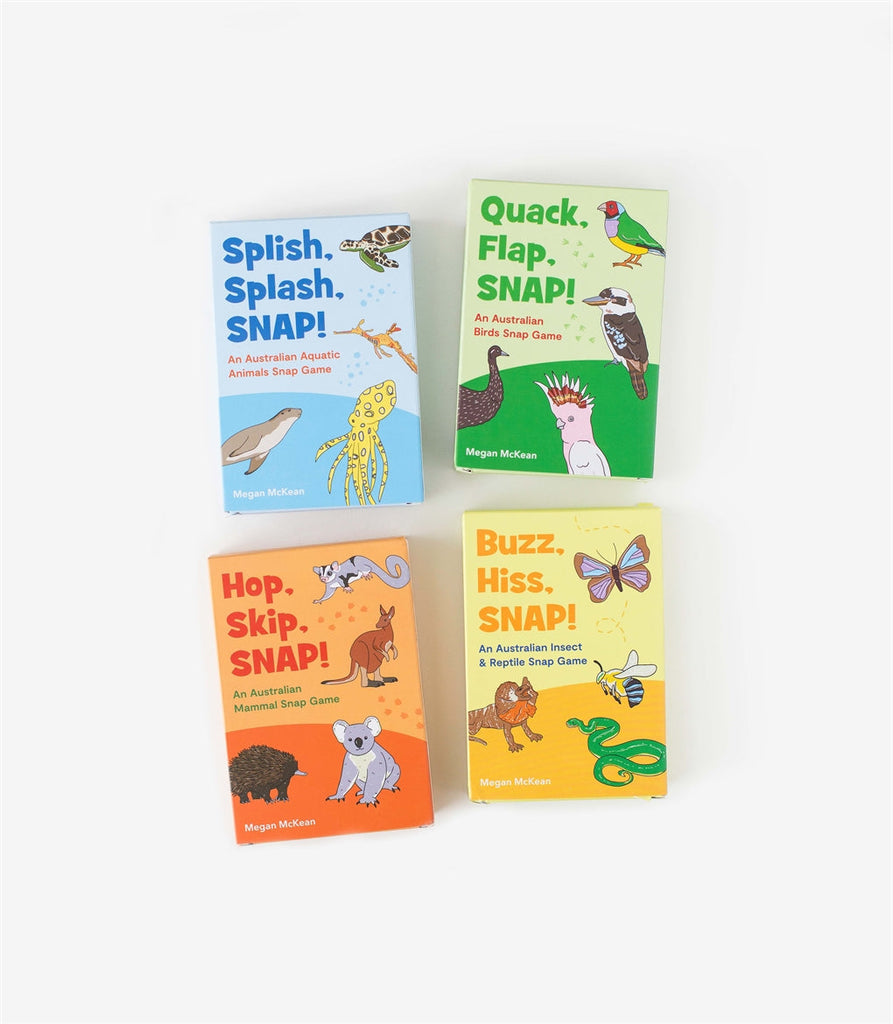 Buzz, Hiss, SNAP! card game by Megan McKean featuring 13 native Australian insects and reptiles, including the golden-tailed gecko, blue-tongue lizard, and tiger snake. Designed for little hands with vibrant, durable cards. Fun for kids with an educational twist!