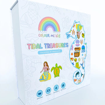 Boxed Tidal Treasures colouring-in tablecloth set by Colour Me Kids, featuring under-the-sea themed artwork and included washable marker icons.