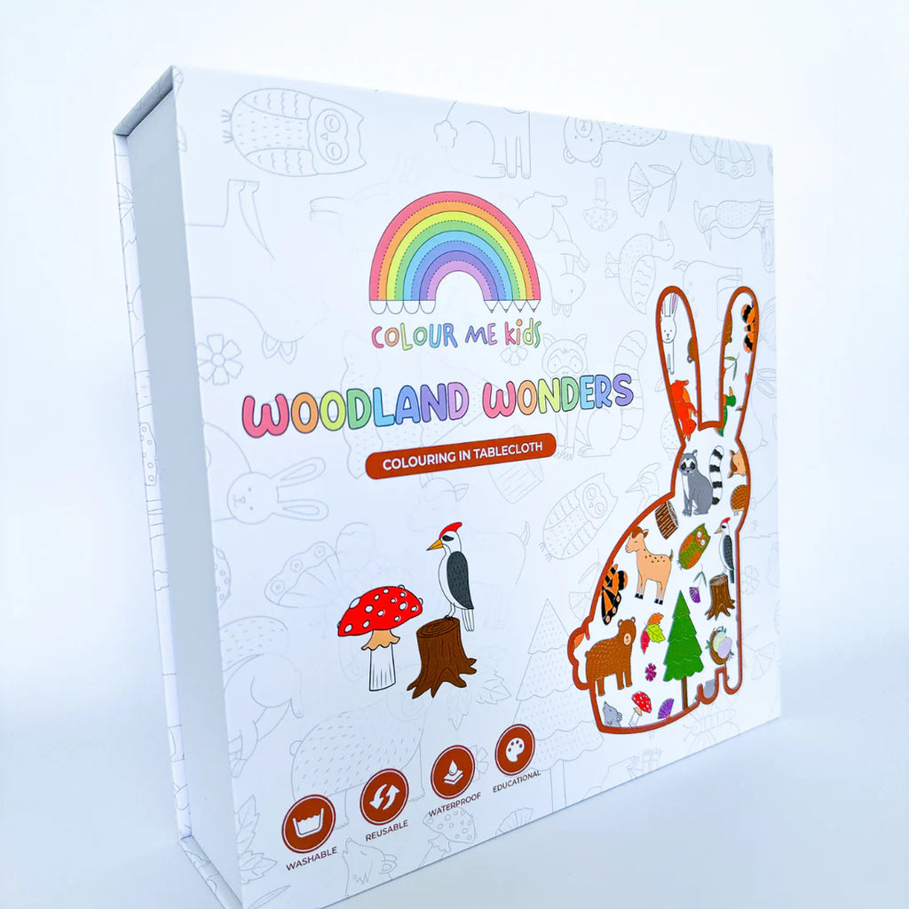 Boxed Colour Me Kids Woodland Wonders colouring-in tablecloth set, showing included markers, clips, and colourful, kid-friendly branding.