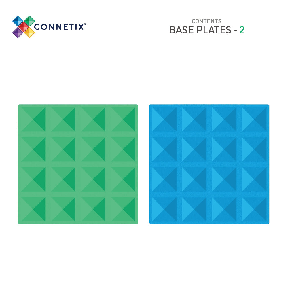 Top-down Illustrated flat lay of the green and blue Connetix base plates with grid texture, alongside packaging insert showing "Contents: Base Plates – 2".