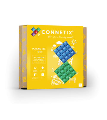 Connetix Rainbow Base Plate Pack 2pc box in vibrant yellow, showing one green and one blue base plate on the front along with key product features and branding.