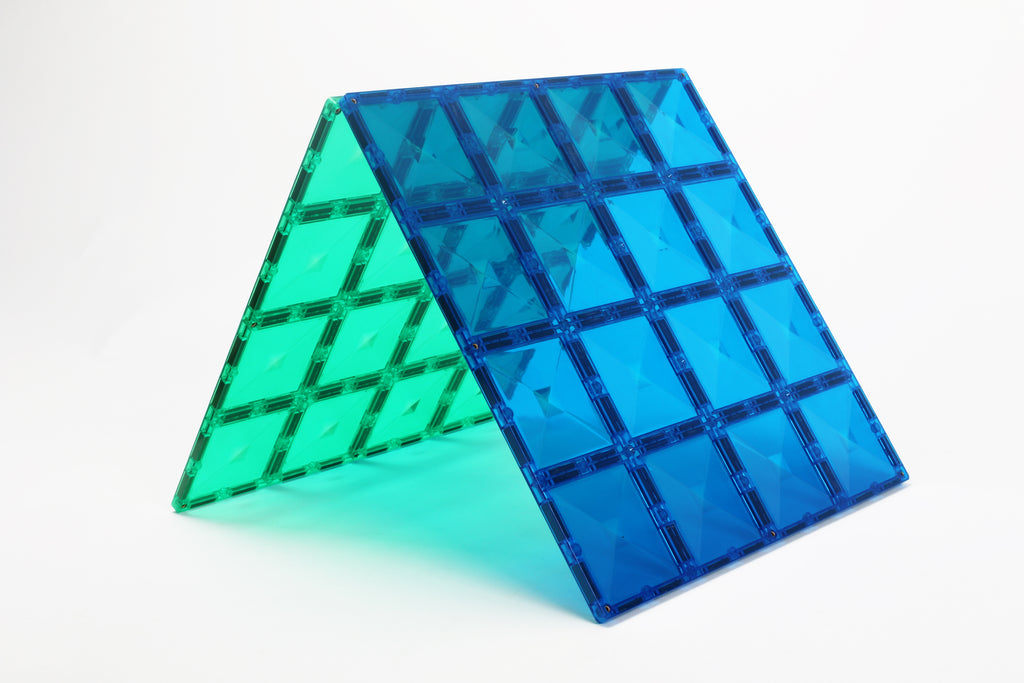 Green and blue Connetix base plates connected in a triangle formation, standing upright on a white background.