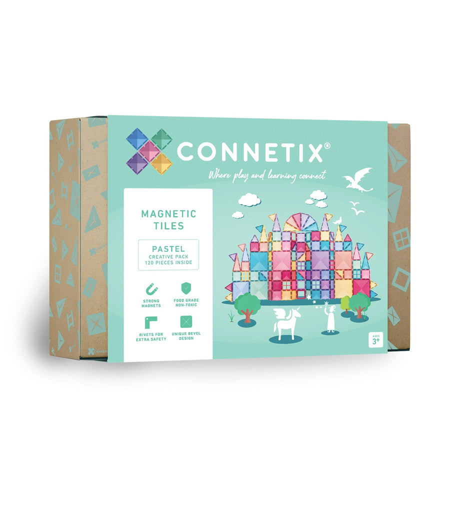 Connetix Pastel Creative Pack 120pc box in soft aqua green featuring pastel magnetic tile illustrations, icons highlighting product features, and branding.