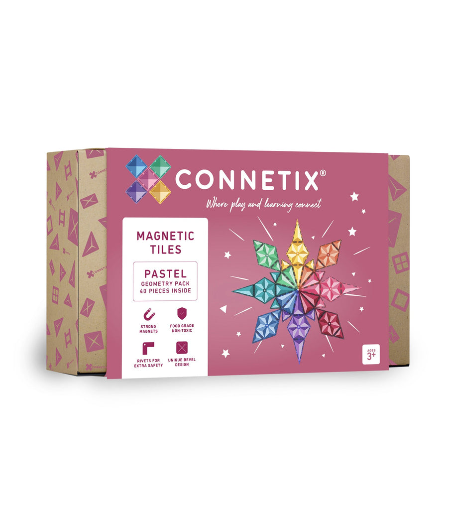 Packaging box of CONNETIX magnetic tiles in pastel colors, featuring hexagons and triangles, with the brand's logo and product information.