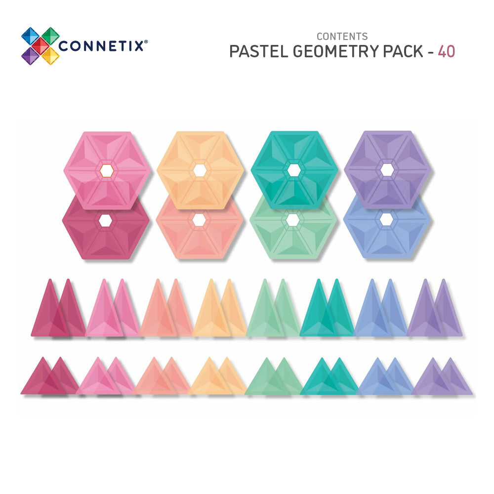 Illustrated Flat lay image showing all tile colours and shapes in the Pastel Geometry Pack, including hexagons and isosceles triangles, labeled for easy reference.