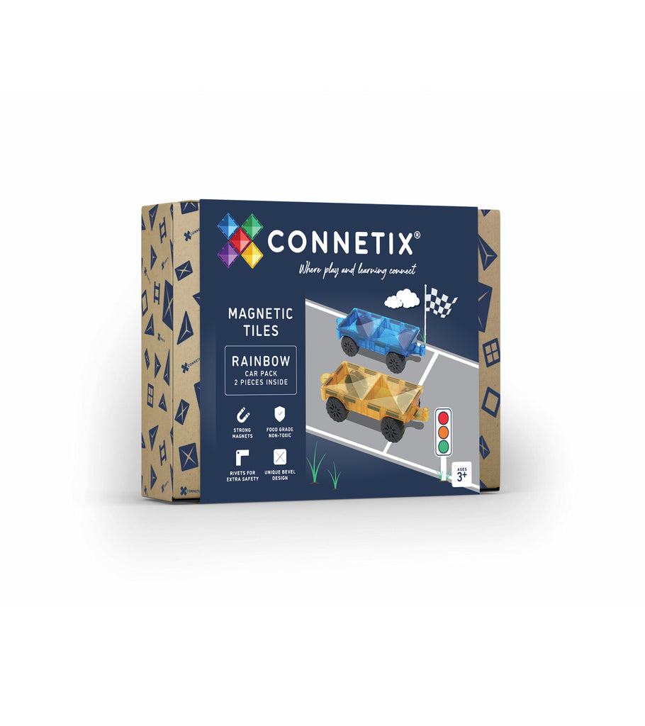 Packaging for Connetix Magnetic Rainbow Car Pack with blue and yellow motion bases and rubber wheels, designed for children's play.
