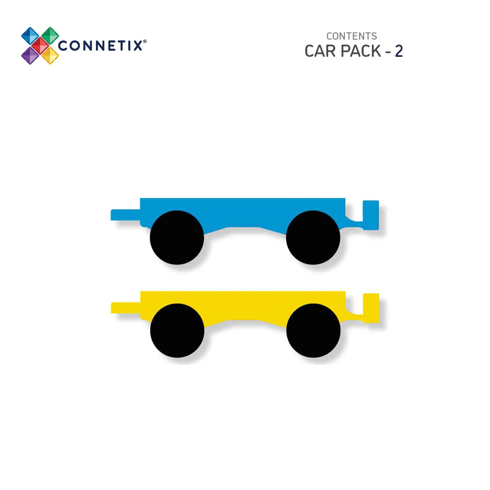 Illustration Flat lay of the Rainbow Car Pack showing two motion base pieces—one yellow, one blue—on a white background with Connetix branding.