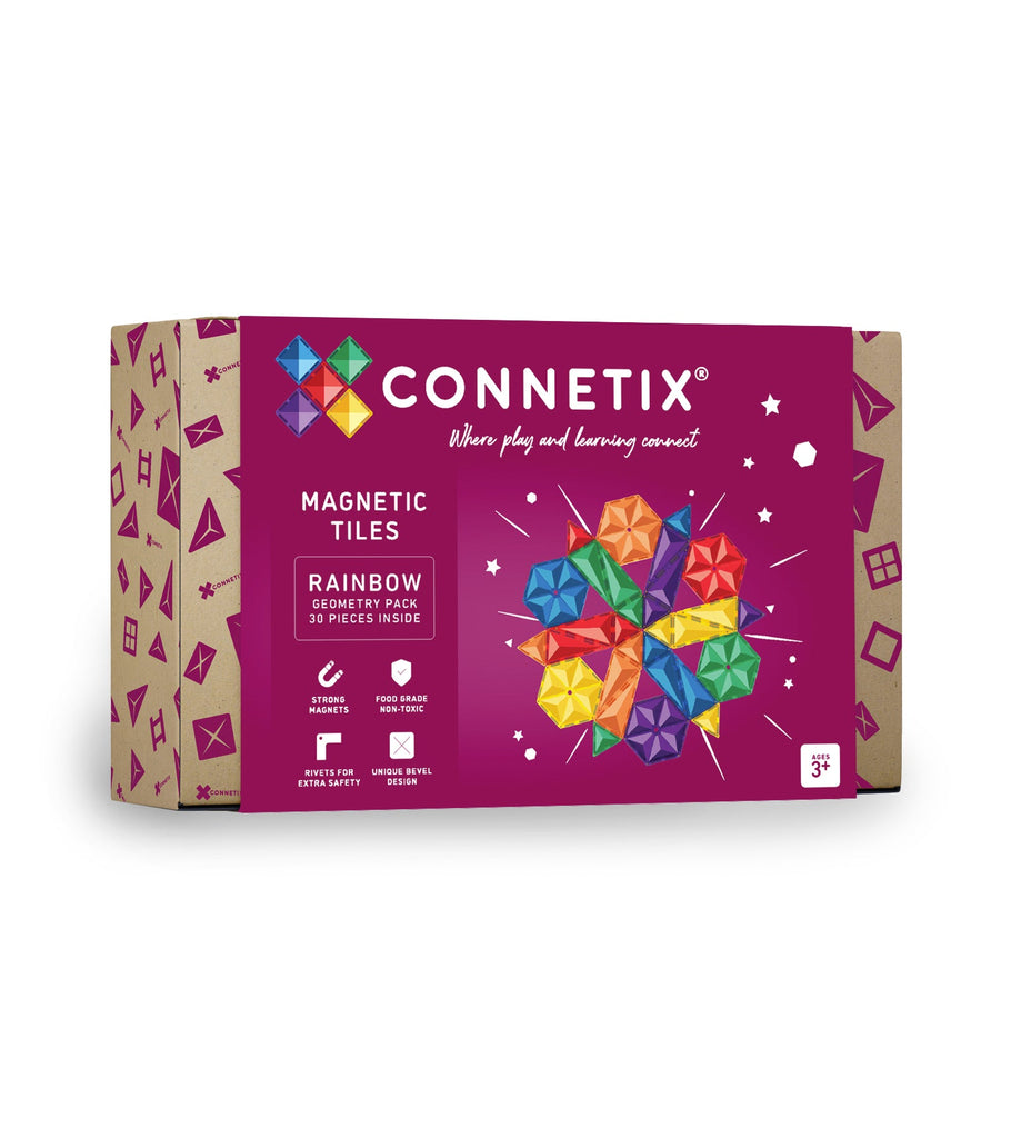 Packaging box of Connetix Magnetic Tiles featuring Rainbow Hexagons and Triangles. The box is predominantly purple with colorful geometric shapes on it and text detailing the product's features.