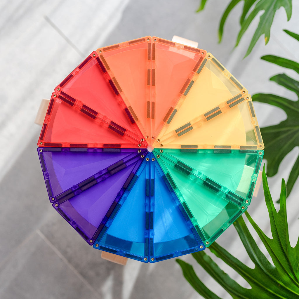 Rainbow pie chart-style design made from triangular magnetic tiles arranged in a full colour wheel on a white surface with greenery.