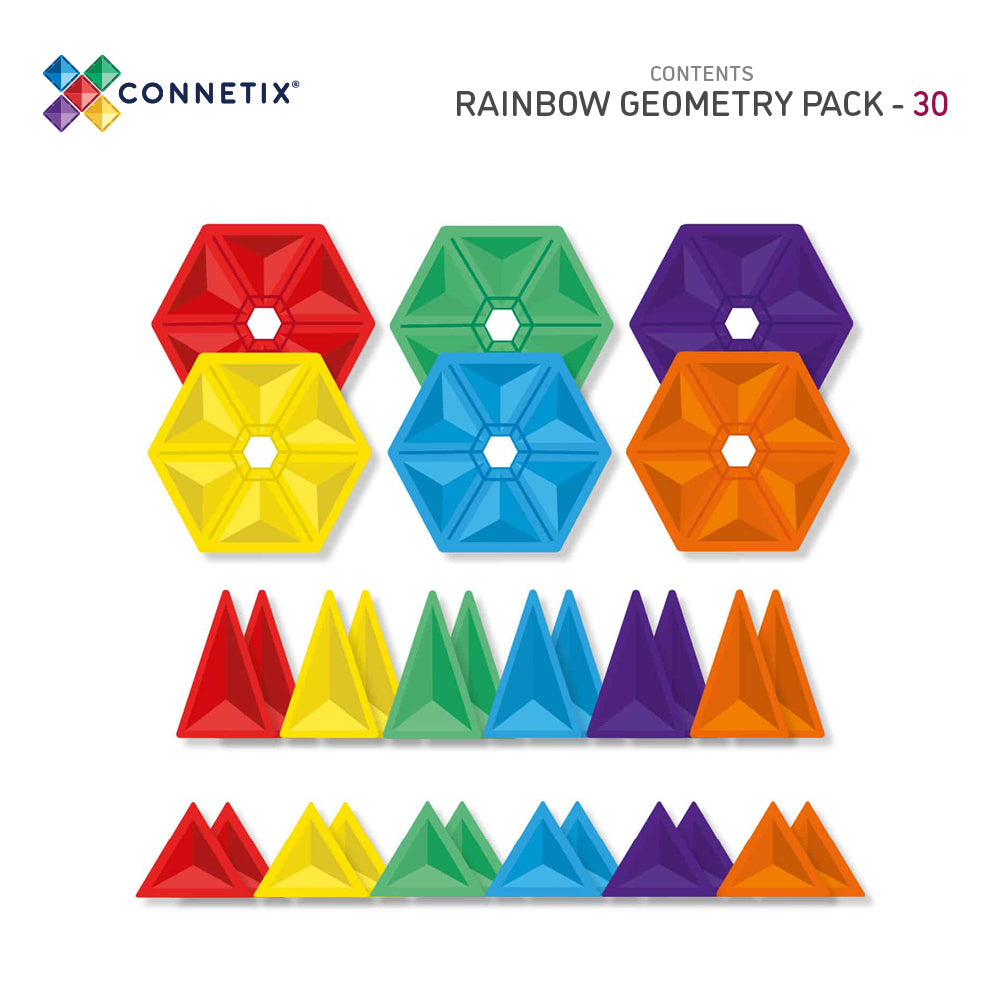 Contents guide for the Connetix Rainbow Geometry Pack 30pc showing all included shapes—hexagons and isosceles triangles—in a variety of rainbow colours.