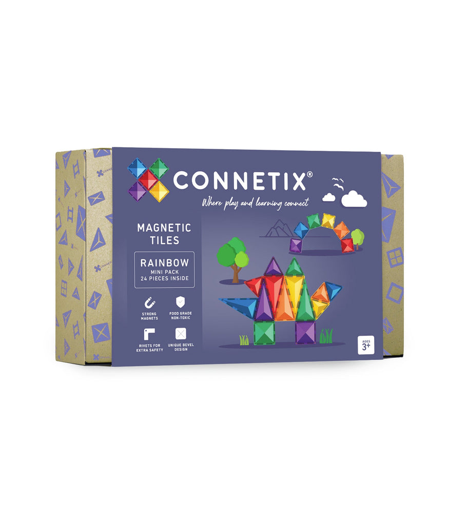 Connetix Rainbow Mini Pack 24pc box showing bright magnetic tile illustrations on a dark purple background with product branding and safety icons.