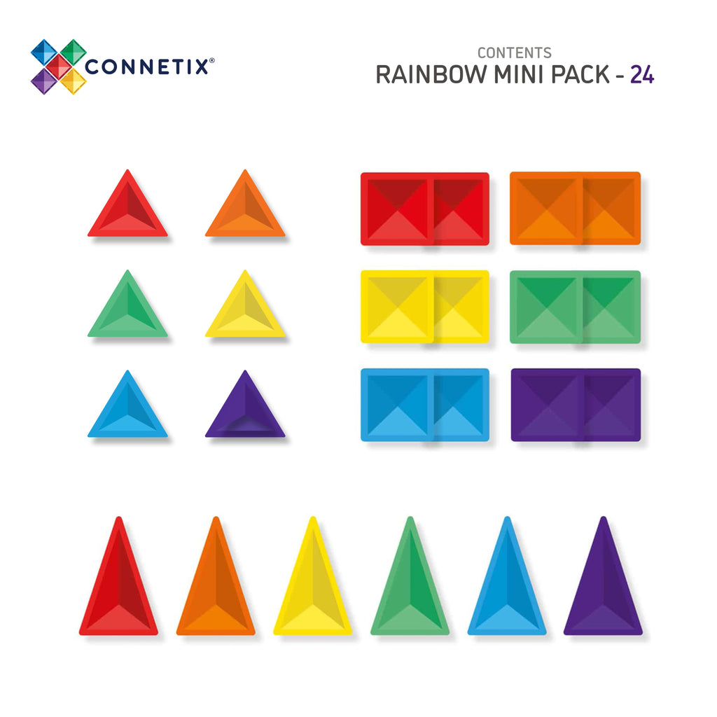 Illustrated Flat lay of all 24 Connetix tiles from the Mini Pack, shown by colour and shape for easy reference and visual breakdown.