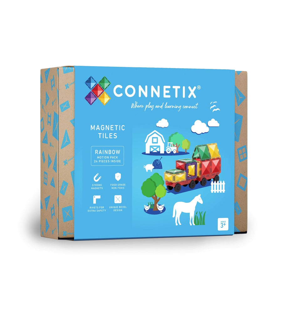 Connetix Rainbow Motion Pack 24pc product box with a bright blue background featuring illustrated vehicles made from magnetic tiles and branding details.