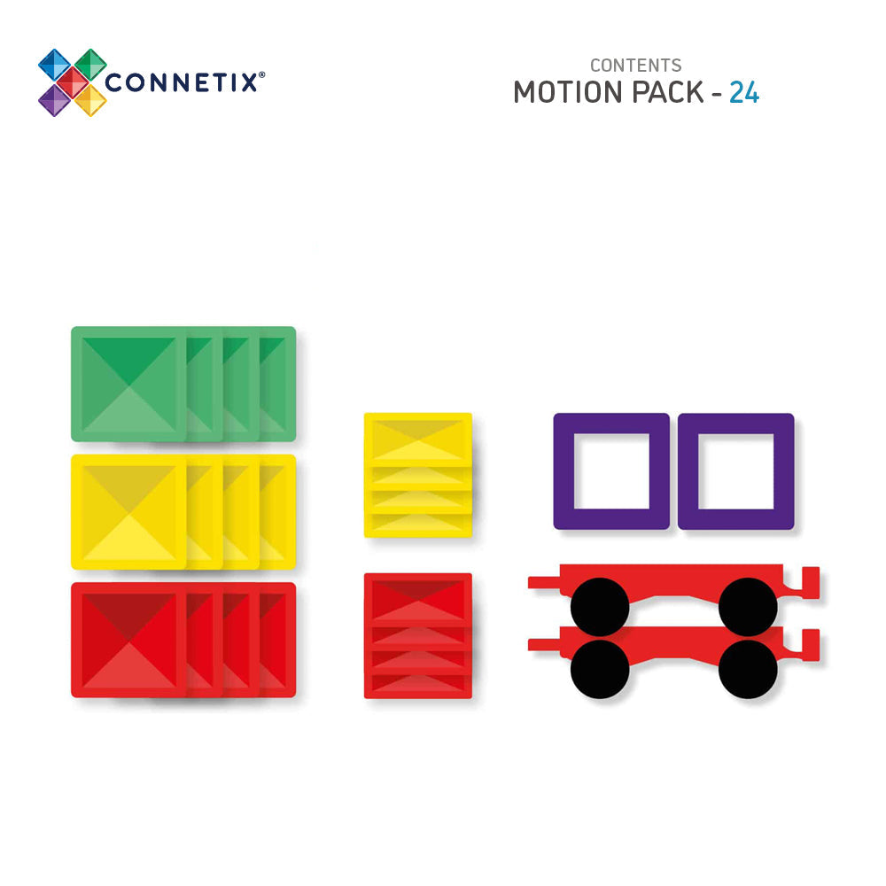 Illustrated Flat lay of all included pieces in the Rainbow Motion Pack, including car bases, square and rectangle tiles, all shown by colour and shape.