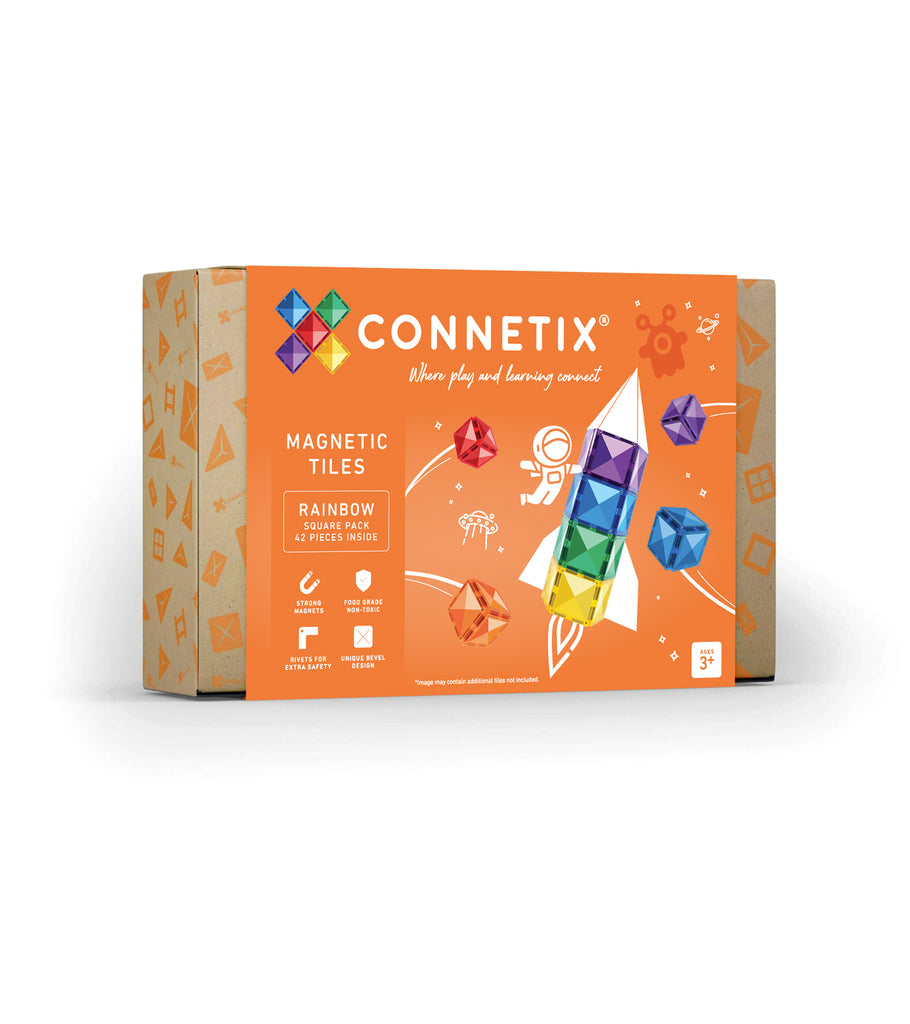 Connetix Rainbow Square Pack box featuring vibrant product illustrations and magnetic tile pieces on the front packaging.