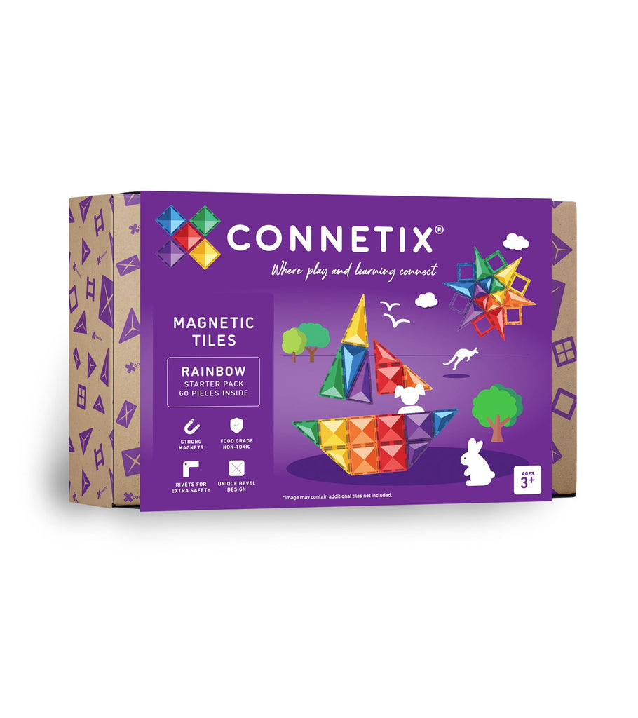 Connetix Rainbow Starter Pack 60pc box in rich purple with illustrations of colourful tile builds and product features like strong magnets and beveled edges.