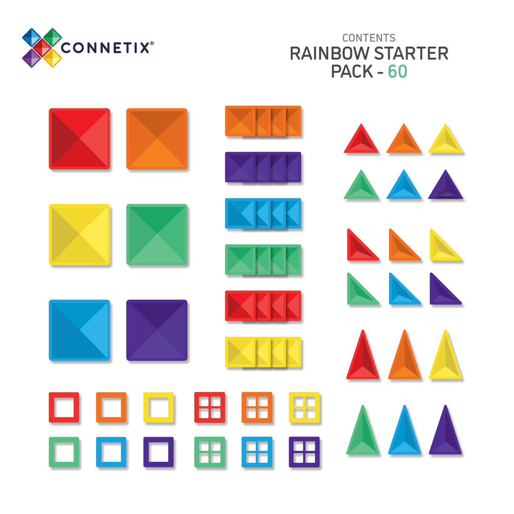 Flat lay showing all included tile shapes and colours in the Rainbow Starter Pack 60pc, including triangles, squares, and window tiles.