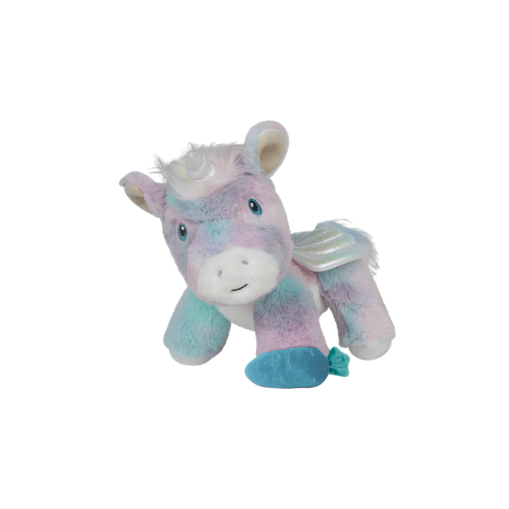 Side profile of Dazzle unicorn plush – Plush rainbow unicorn showing shimmering silver hooves, fluffy pastel mane, and lilac-tipped ears.