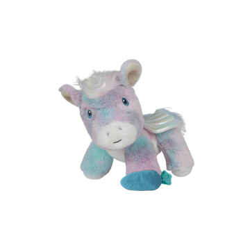 Side profile of Dazzle unicorn plush – Plush rainbow unicorn showing shimmering silver hooves, fluffy pastel mane, and lilac-tipped ears.